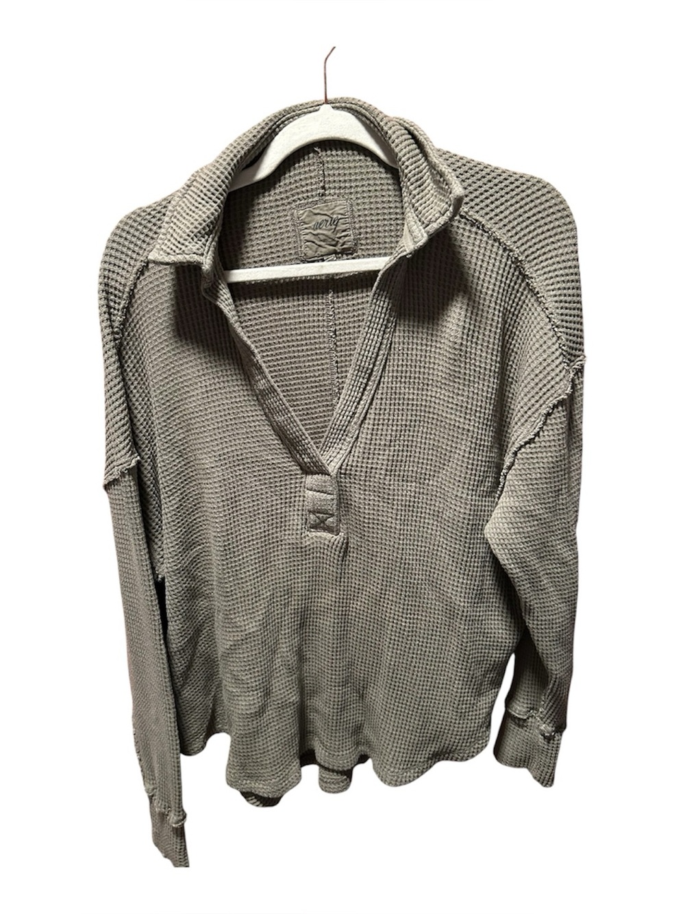 Aerie Lumberjane Waffle Polo Sweatshirt Olive Green Gray S